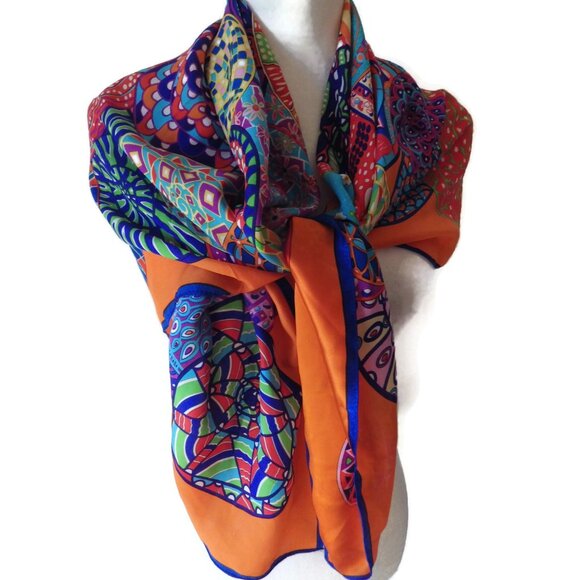 Stunning Extra-Large Silk Scarf/ Wrap/ Bright Colors/ 43" X 43" - Picture 2 of 7